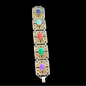 VINTAGE SARAH COVENTRY FIVE PANEL BRACELET WITH COLORFUL CABOCHON